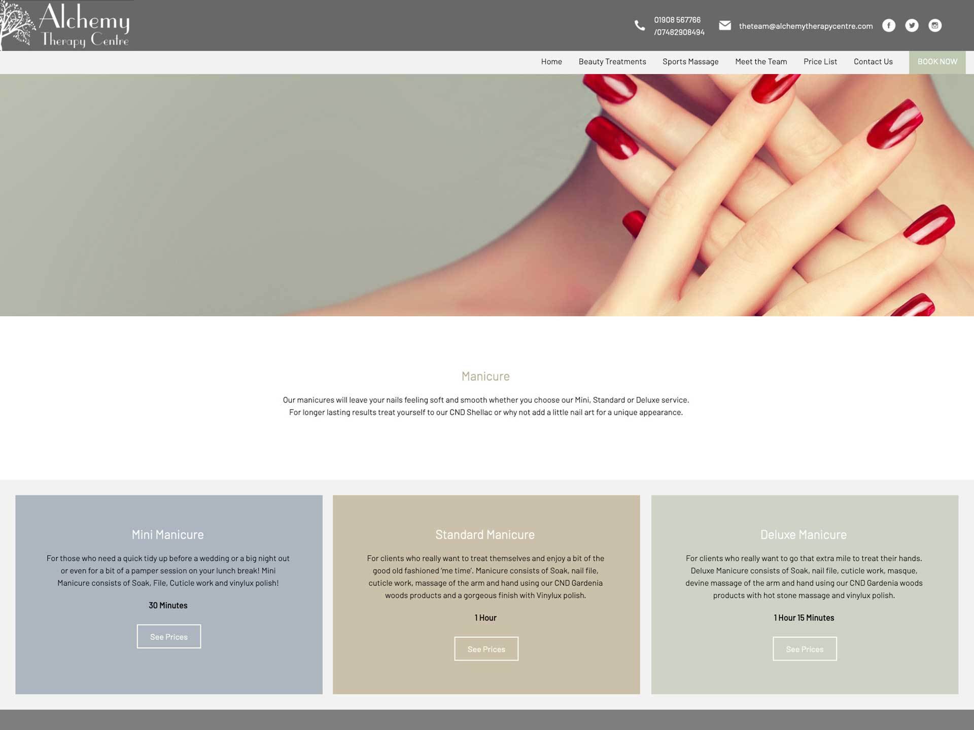 A beauty website design showing a manicure on the home page